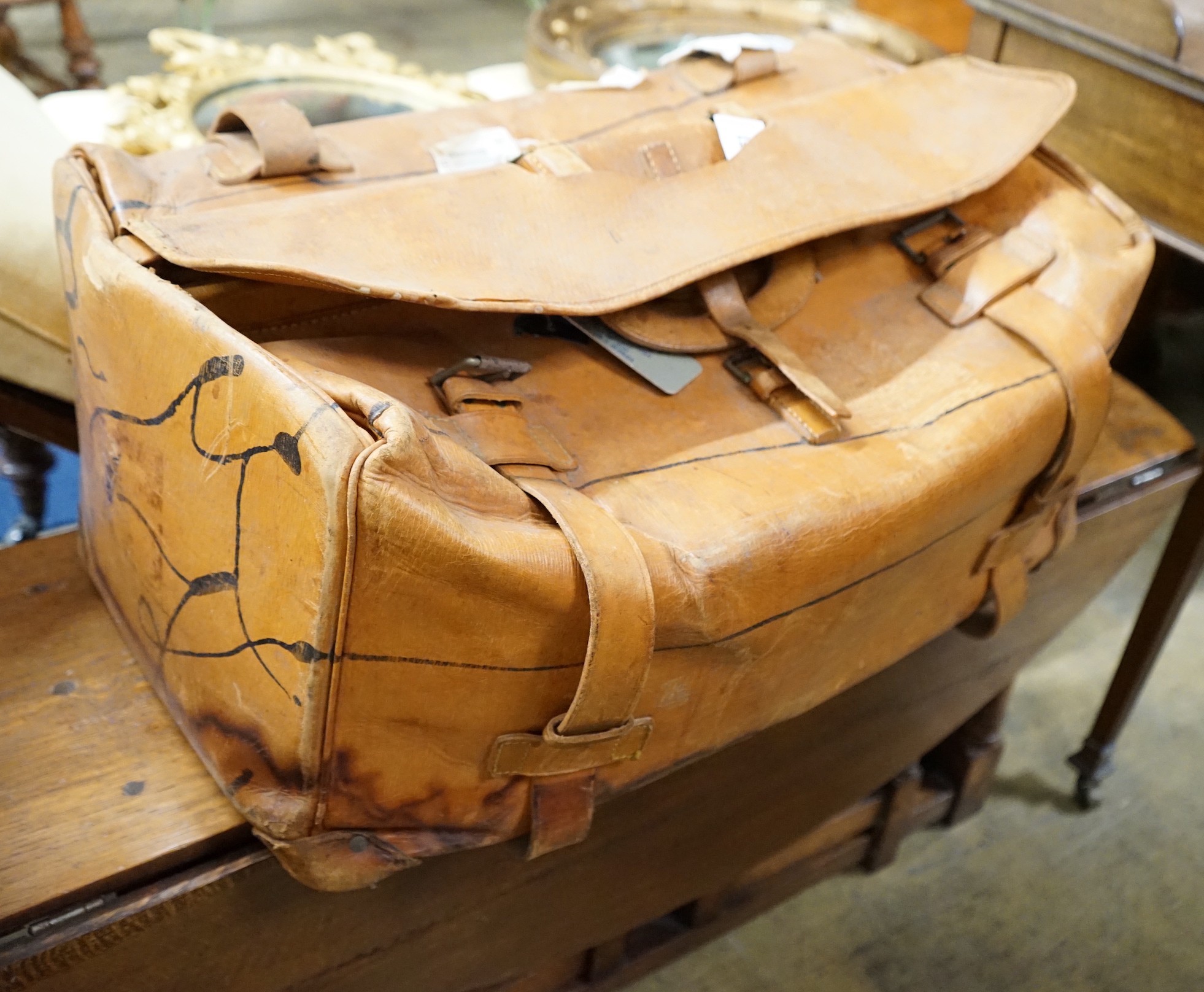 A large vintage tan leather Gladstone bag with Harrod's retail label, width 68cm, height 30cm